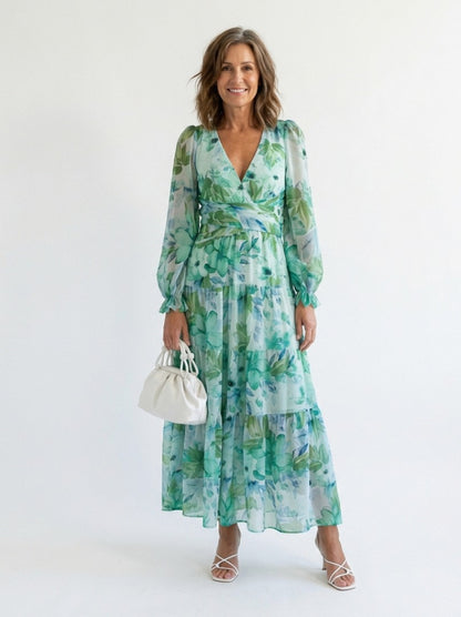Printed V Neck Long Sleeve Maxi Dress in Green