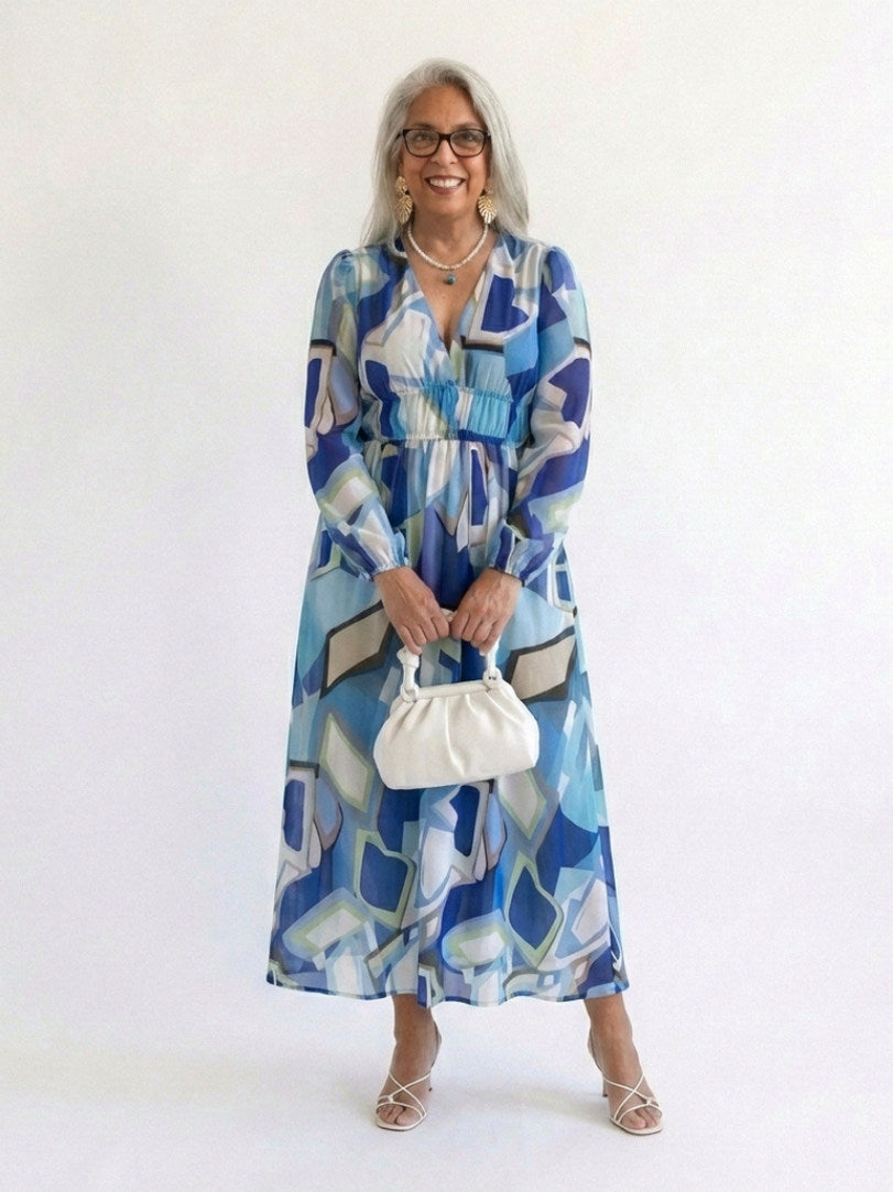 Printed V Neck Long Sleeve Maxi Dress