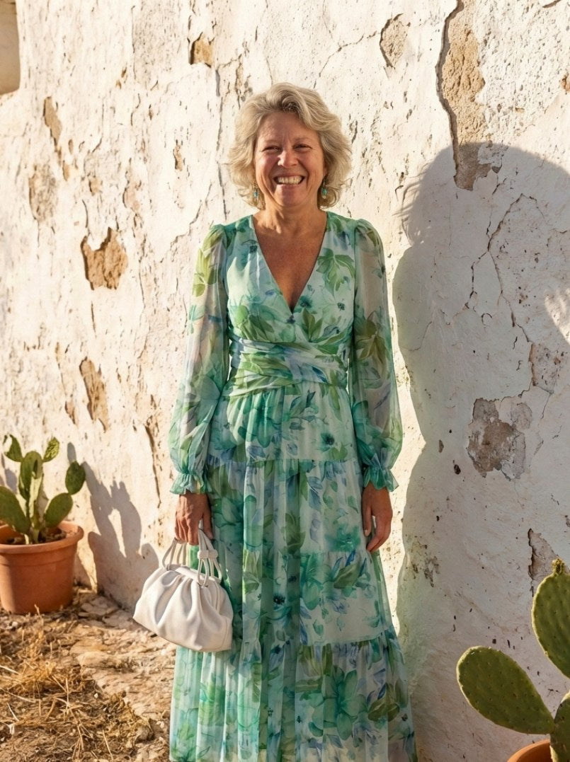 Printed V Neck Long Sleeve Maxi Dress