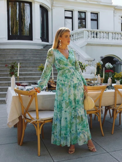 Printed V Neck Long Sleeve Maxi Dress