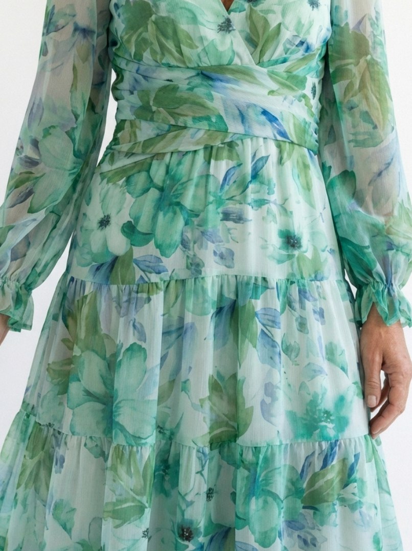 Printed V Neck Long Sleeve Maxi Dress