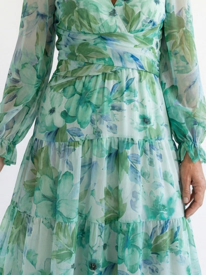 Printed V Neck Long Sleeve Maxi Dress