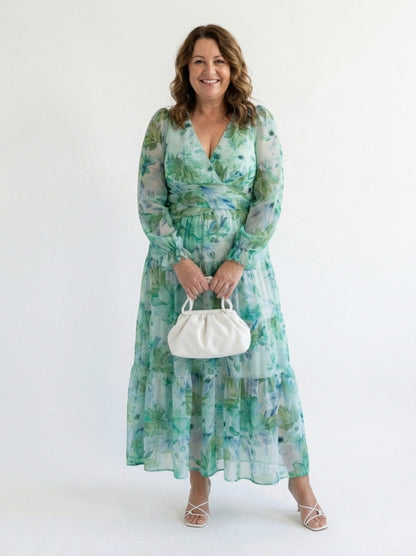 Printed V Neck Long Sleeve Maxi Dress