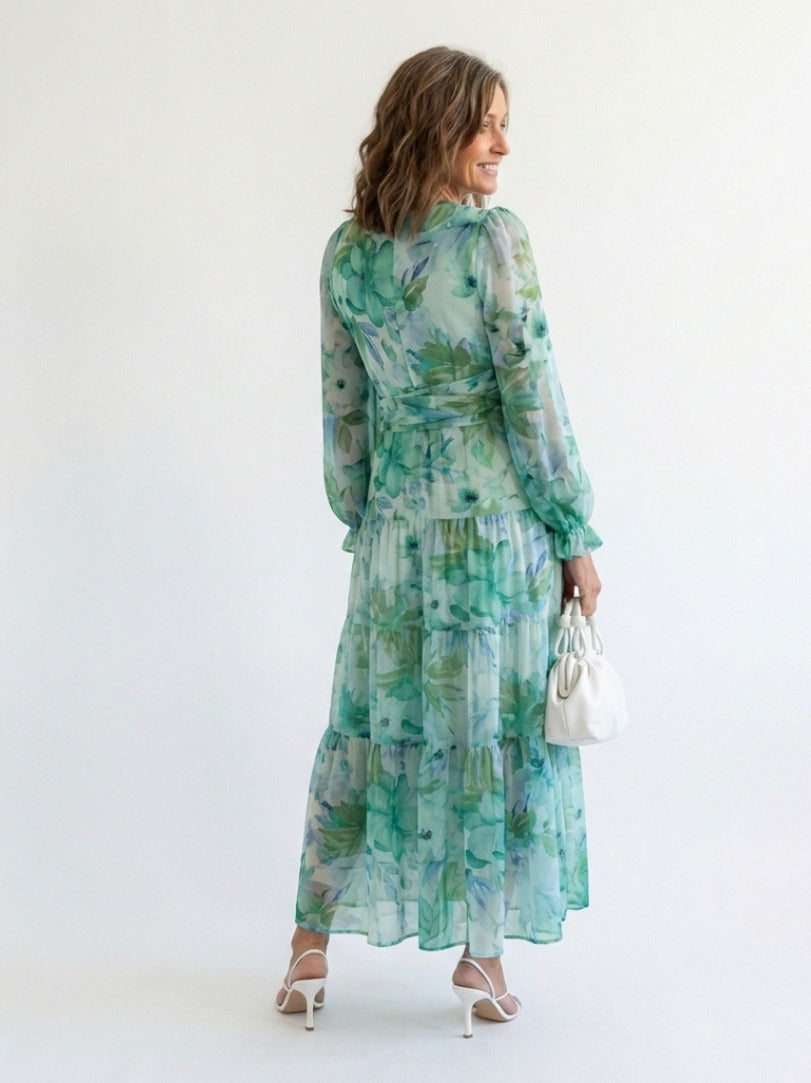 Printed V Neck Long Sleeve Maxi Dress