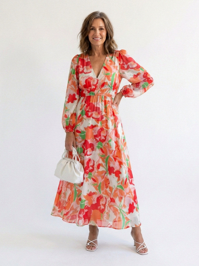 Printed V Neck Long Sleeve Maxi Dress in Orange