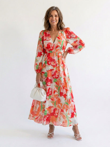 Printed V Neck Long Sleeve Maxi Dress in Orange