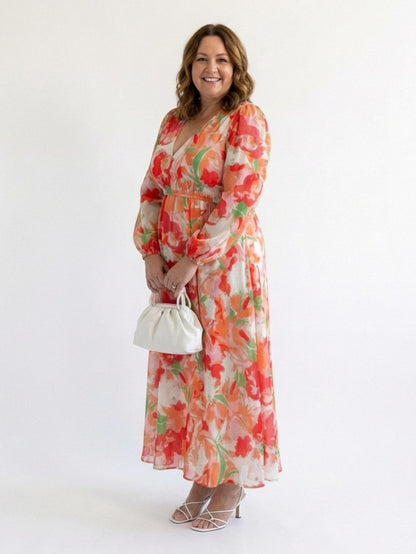 Printed V Neck Long Sleeve Maxi Dress