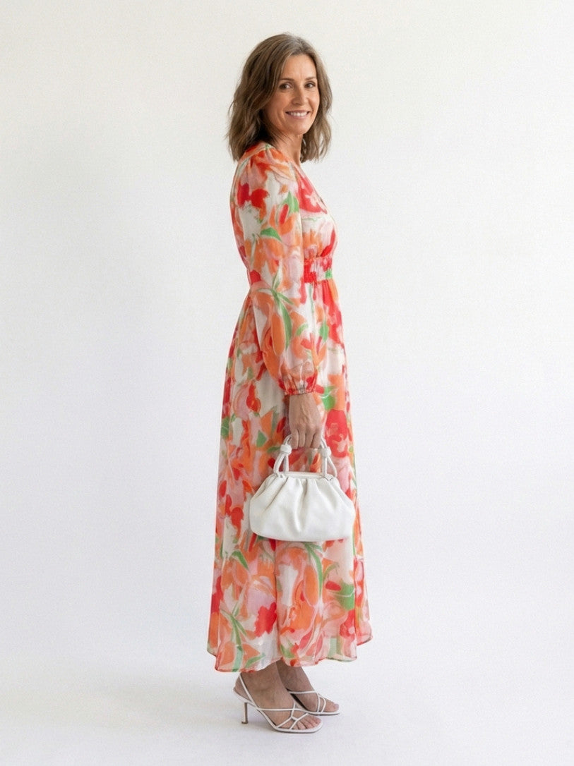 Printed V Neck Long Sleeve Maxi Dress