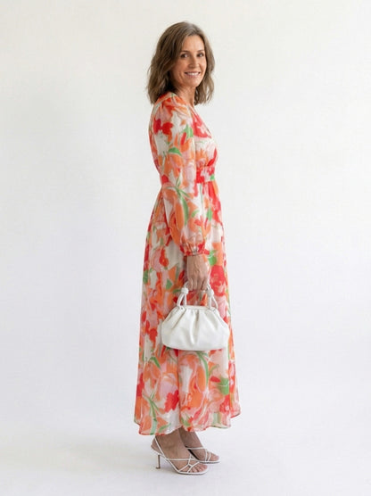 Printed V Neck Long Sleeve Maxi Dress