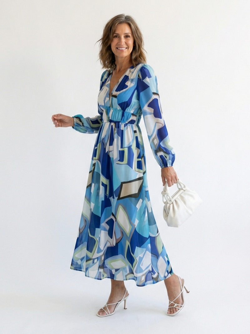 Printed V Neck Long Sleeve Maxi Dress in Blue