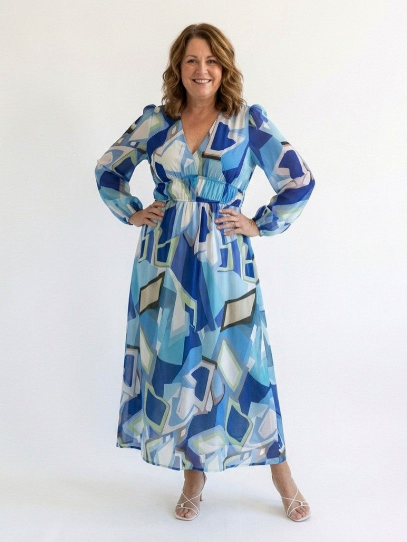 Printed V Neck Long Sleeve Maxi Dress