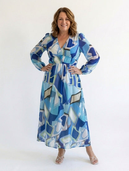 Printed V Neck Long Sleeve Maxi Dress
