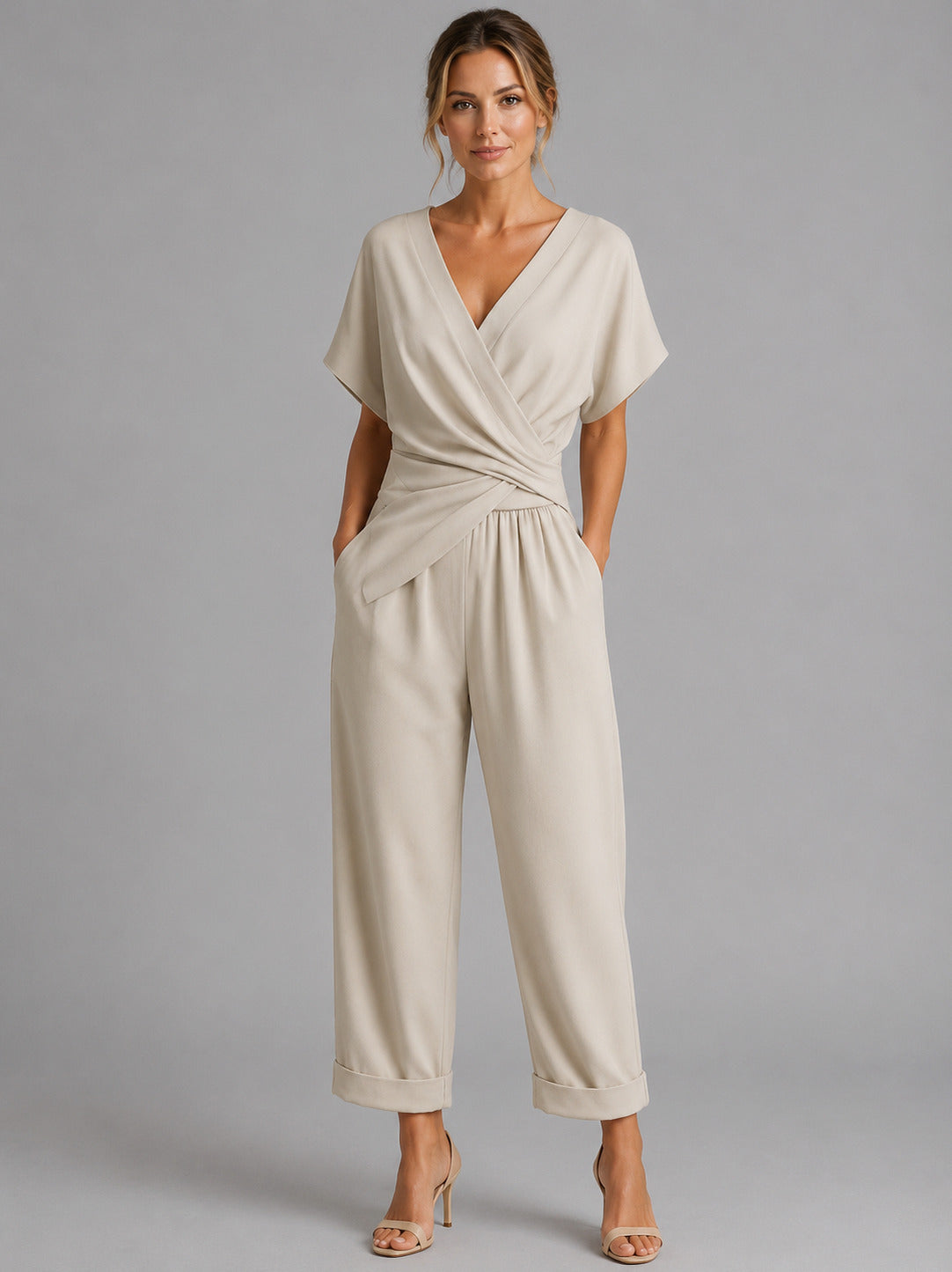 Wrap Top and Wide Leg Pant Set in Apricot
