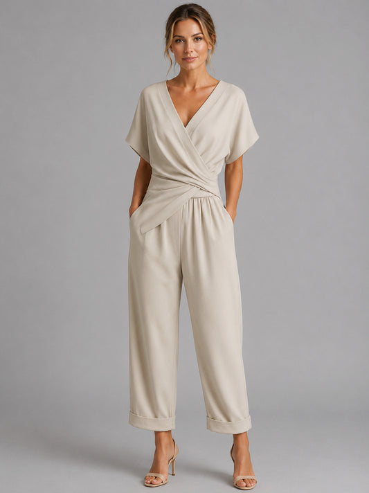 Wrap Top and Wide Leg Pant Set in Apricot