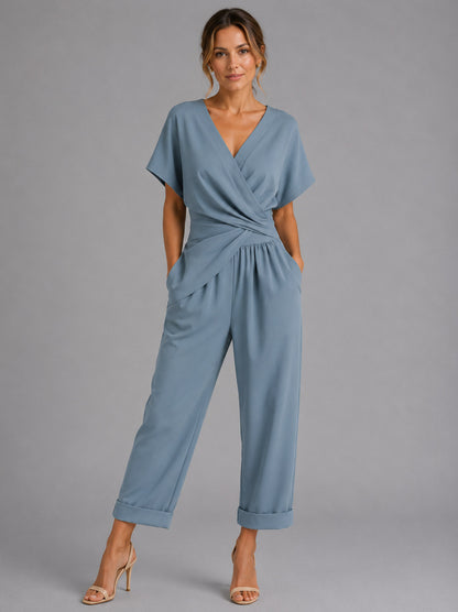Wrap Top and Wide Leg Pant Set in Blue