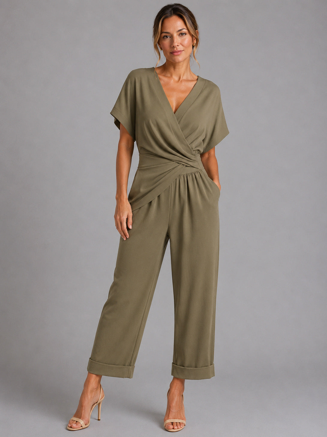 Wrap Top and Wide Leg Pant Set in Khaki