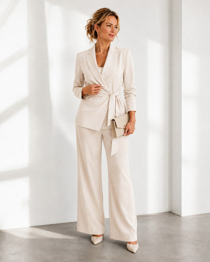 Wrap Tie Waist Two Piece Set in Beige
