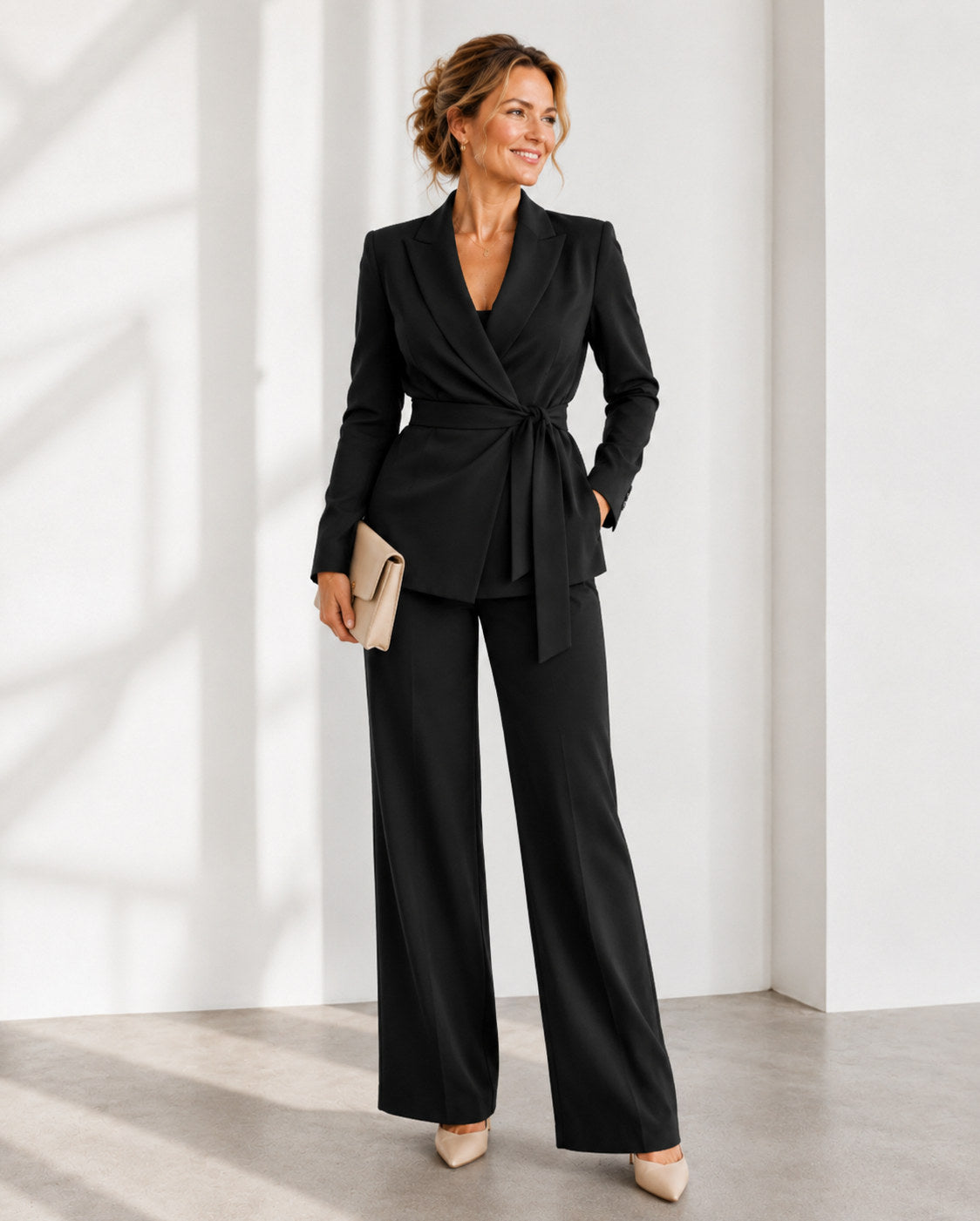 Wrap Tie Waist Two Piece Set in Black