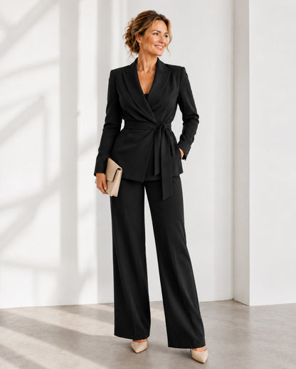 Wrap Tie Waist Two Piece Set in Black